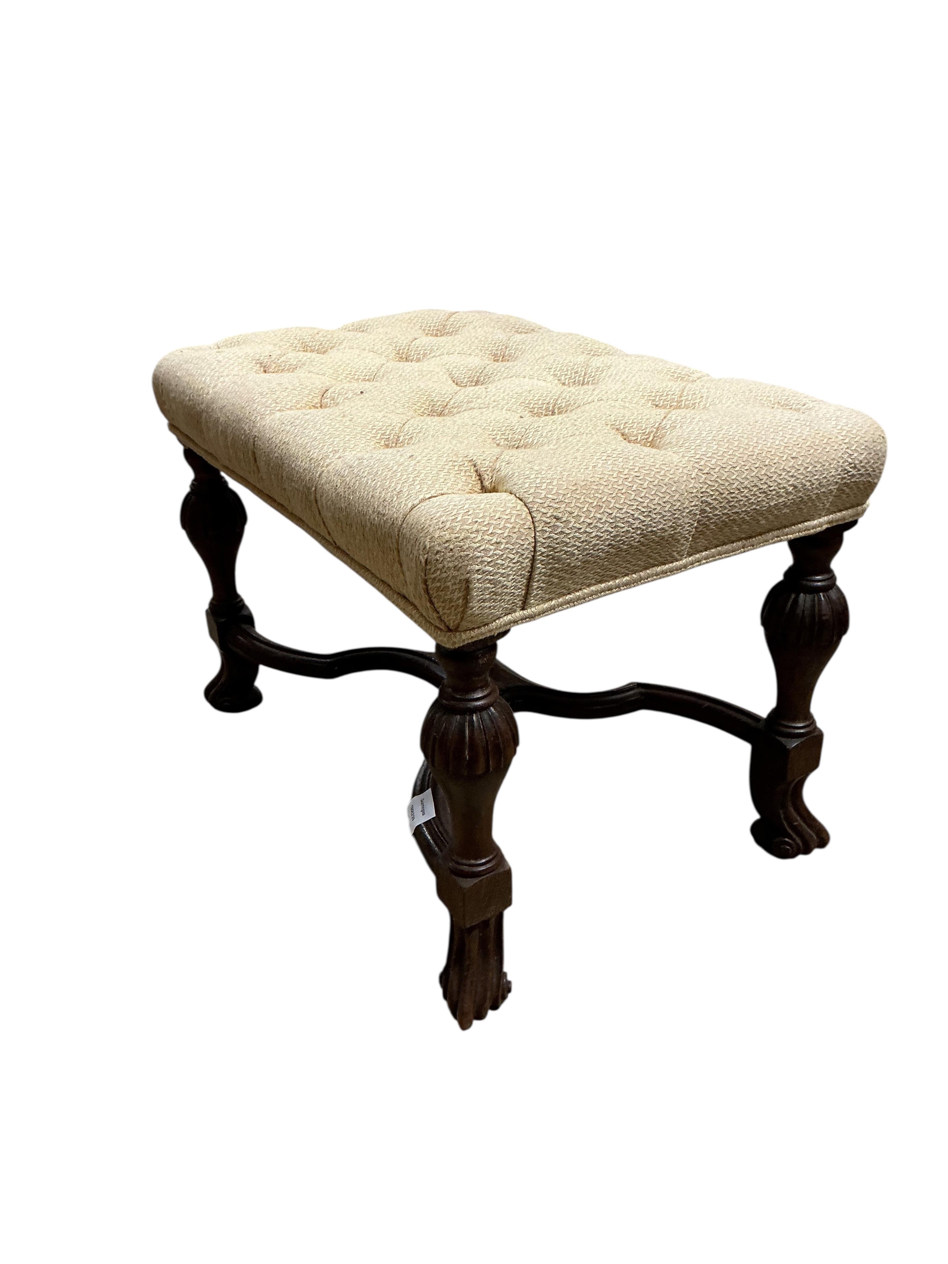 A William and Mary style walnut dressing stool, with a buttoned upholstered seat, width 63cm, depth 43cm, height 45cm